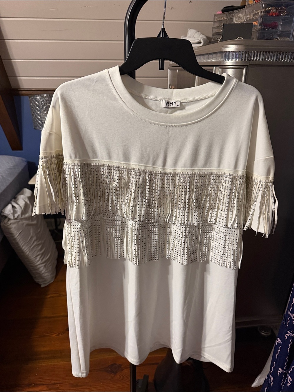 WHY White Short Sleeve Fringe Tee with Studded Trim